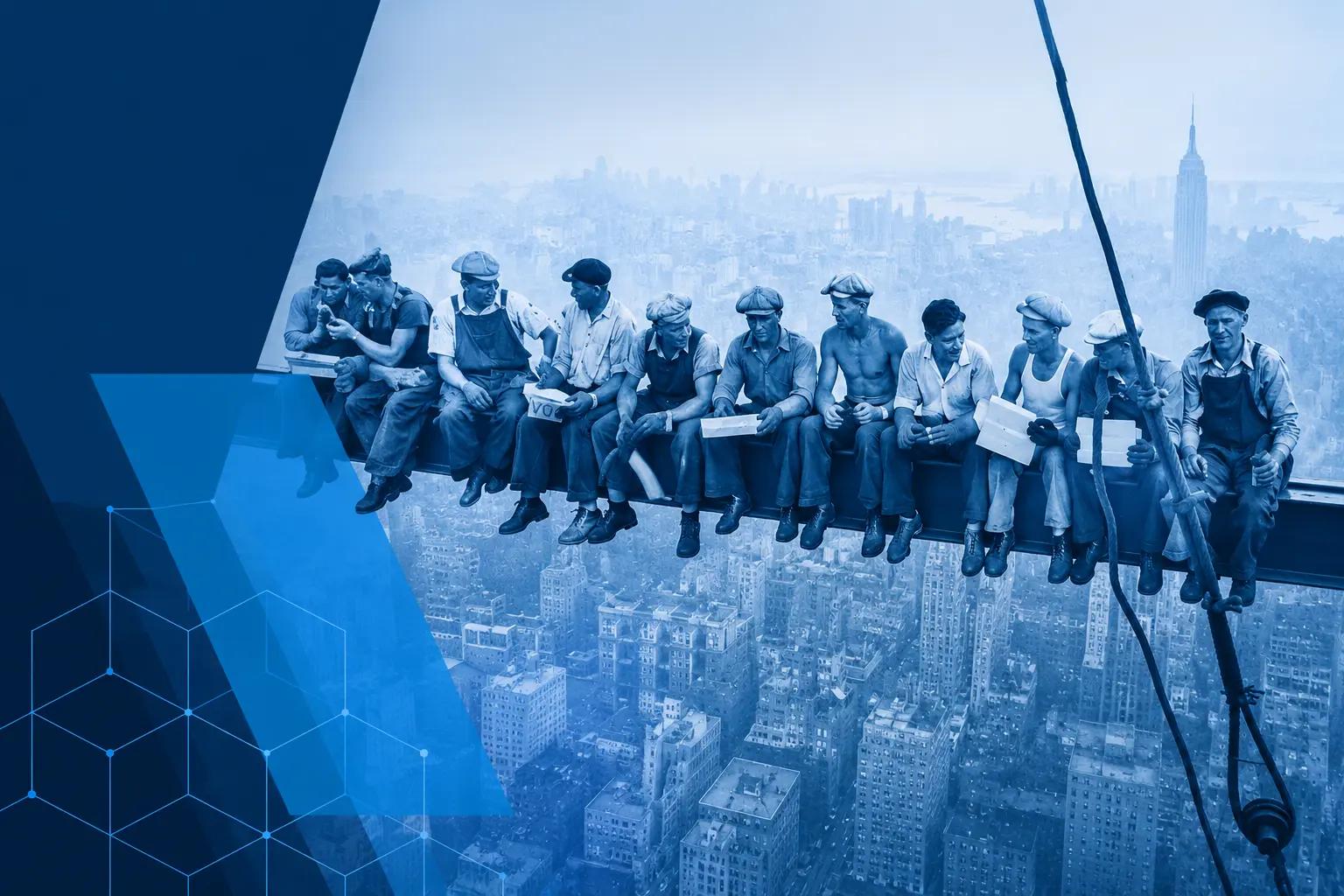 Construction workers on a steel beam high above a city, evoking the choice of a digital foundation for 2026.