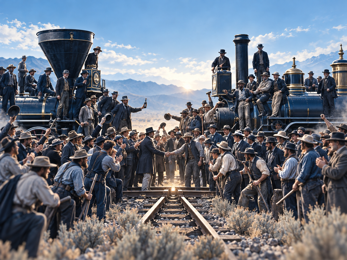 The 1869 golden spike ceremony at Promontory Summit, where two separately built railroads finally joined, illustrating CMS AI and marketer AI tools being connected, rendered in the HT Blue palette.