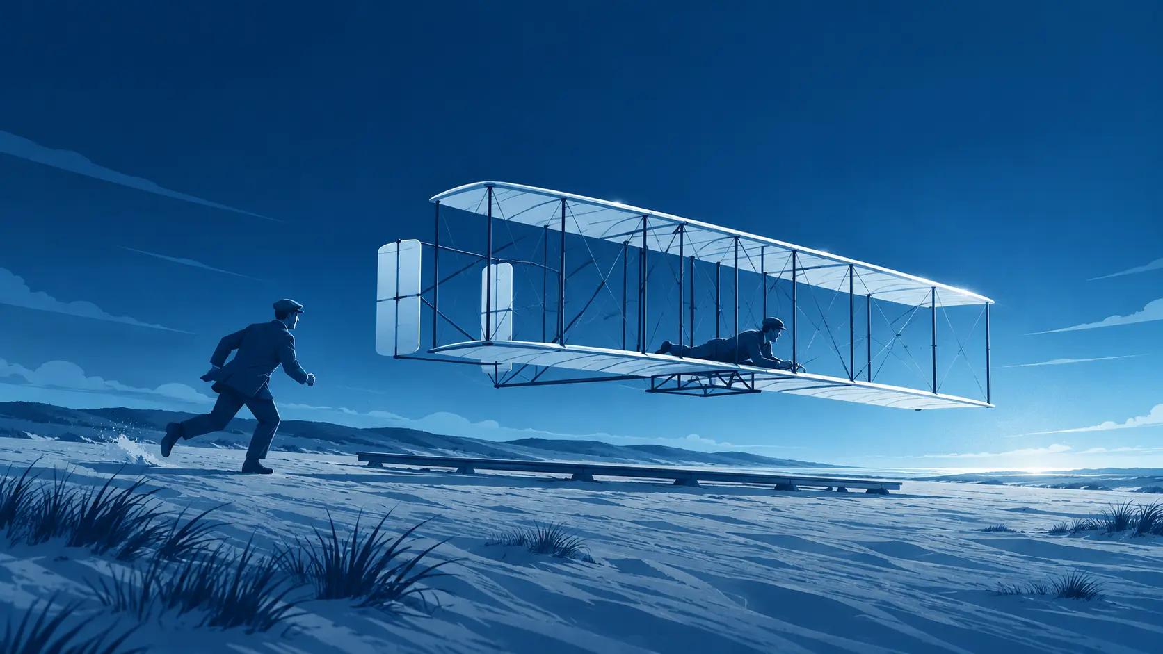 The Wright brothers' 1903 first powered flight at Kitty Hawk, a low-budget machine succeeding where far costlier efforts failed, rendered in the HT Blue palette.