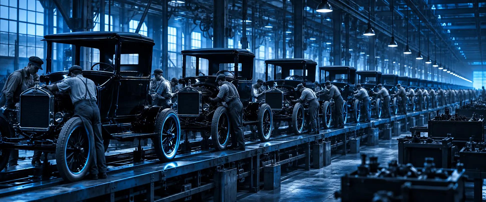 Workers on Ford's 1913 Highland Park moving assembly line building identical Model T cars, illustrating agencies producing interchangeable AI-generated work, rendered in the HT Blue palette.