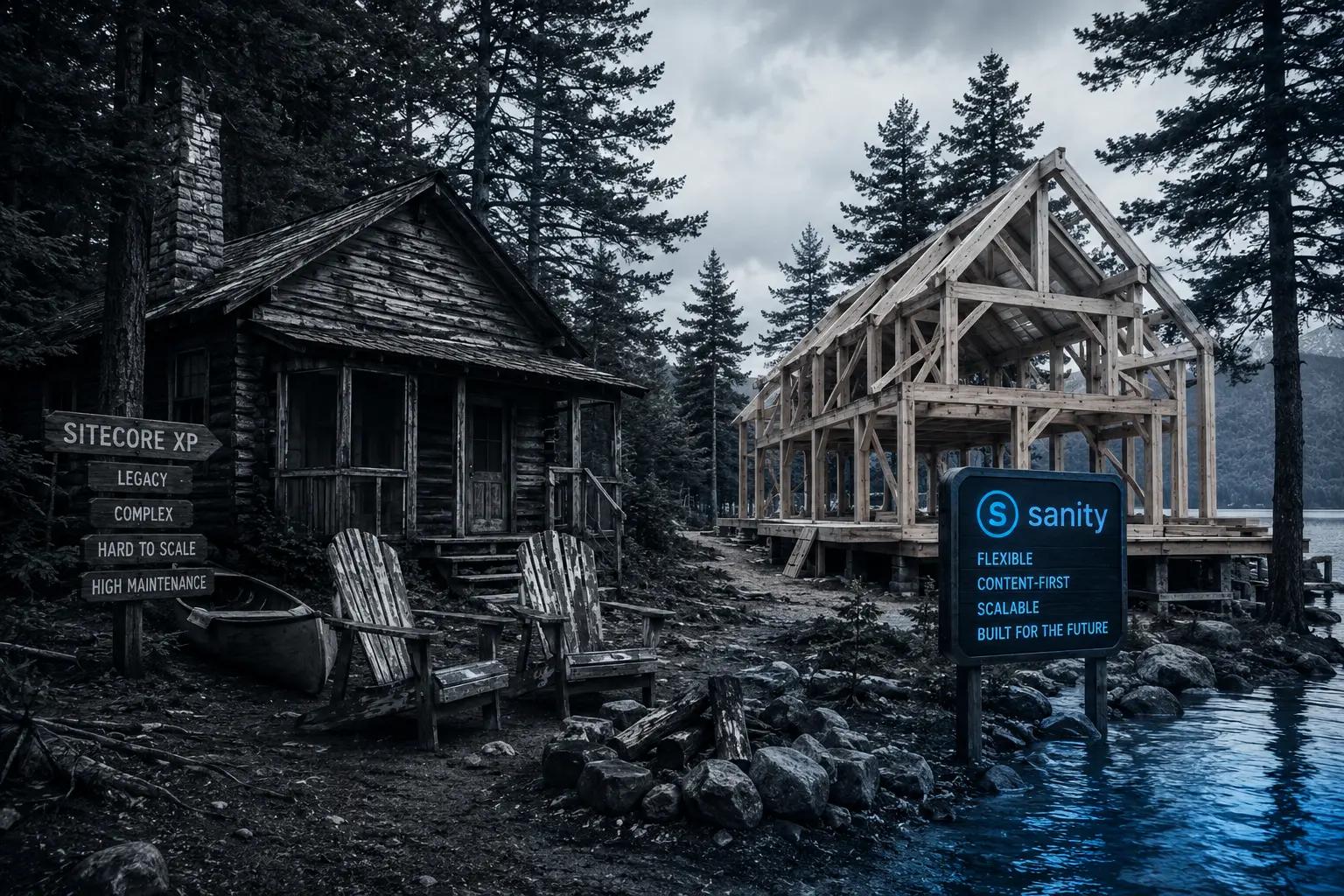 Weathered Adirondack camp beside new timber framing, symbolizing a Sitecore XP to Sanity migration